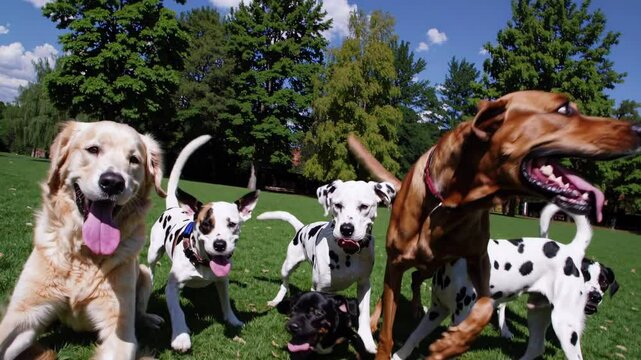 Golden retrievers, dalmatians, and other breeds joyfully interact, running and playing together in a vibrant park setting, showcasing canine camaraderie and playful energy