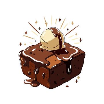 Delicious brownie dessert vector featuring a rich chocolate brownie topped with melting ice cream and glossy chocolate sauce in a warm, indulgent design.