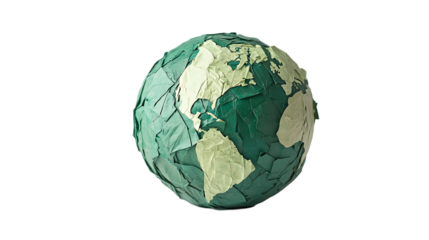 A papercraft globe, assembled from various green and cream paper pieces, is shown against a contrasting dark background.