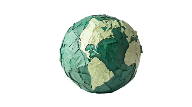 A papercraft globe, assembled from various green and cream paper pieces, is shown against a contrasting dark background.