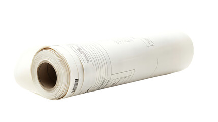 The image shows a rolled blueprint, likely for construction or engineering, featuring technical drawings and a barcode.