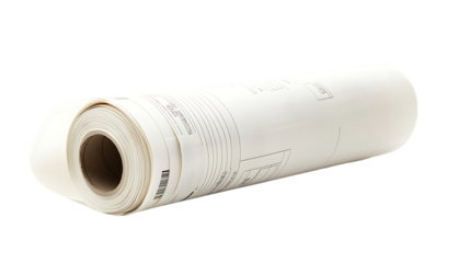 The image shows a rolled blueprint, likely for construction or engineering, featuring technical drawings and a barcode.