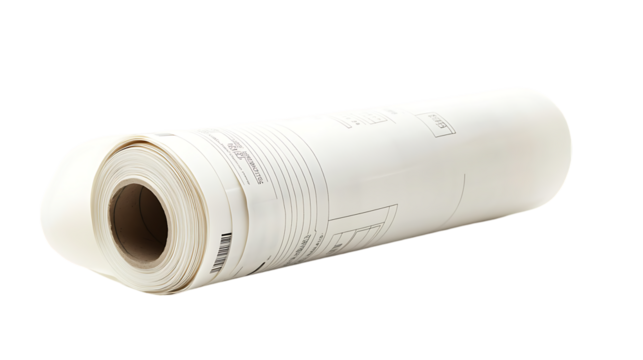 The image shows a rolled blueprint, likely for construction or engineering, featuring technical drawings and a barcode.