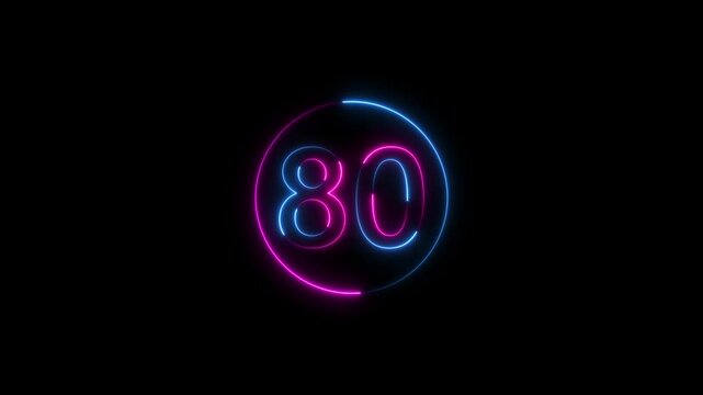 Glowing neon number 80. Educational mathematics 80 animation on black background. 4k motion graphic animation.