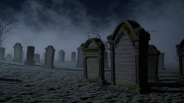 Swirling fog gradually blanketing weathered tombstones within shadowy ancient cemetery, generating haunting paranormal atmosphere laden with profound stillness during moonless night