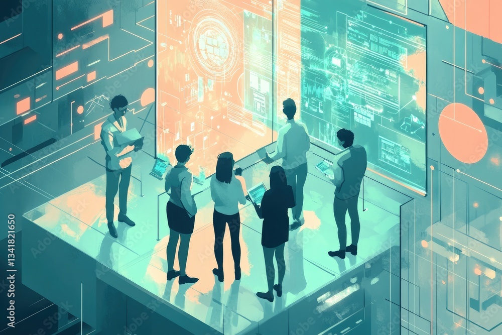 Poster a team of professionals analyzes data displayed on futuristic screens, collaborating on a technologi