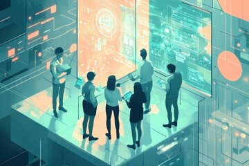 A team of professionals analyzes data displayed on futuristic screens, collaborating on a technological project.