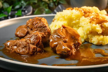 Stewed turkey meat served with sauce and mashed potatoes.