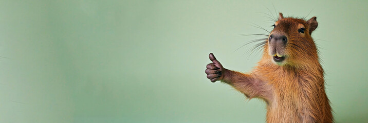 Portrait of beautiful happy capybara showing thumb up sign for great job on isolated olive banner background.