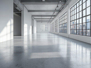 Bright empty office room with large windows and city views in a contemporary industrial style