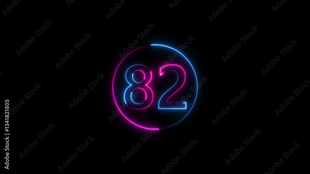 Poster abstract glowing neon text 82 number countdown icon. glowing sign on black background neon number 82