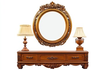 Elegant gold-trimmed mirror a wooden dresser and a decorative lamp are shown isolated on a white