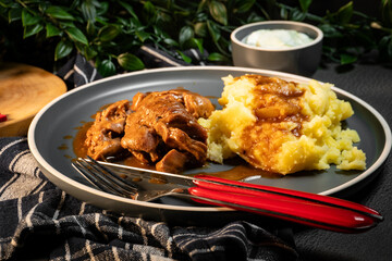 Stewed turkey meat served with sauce and mashed potatoes.
