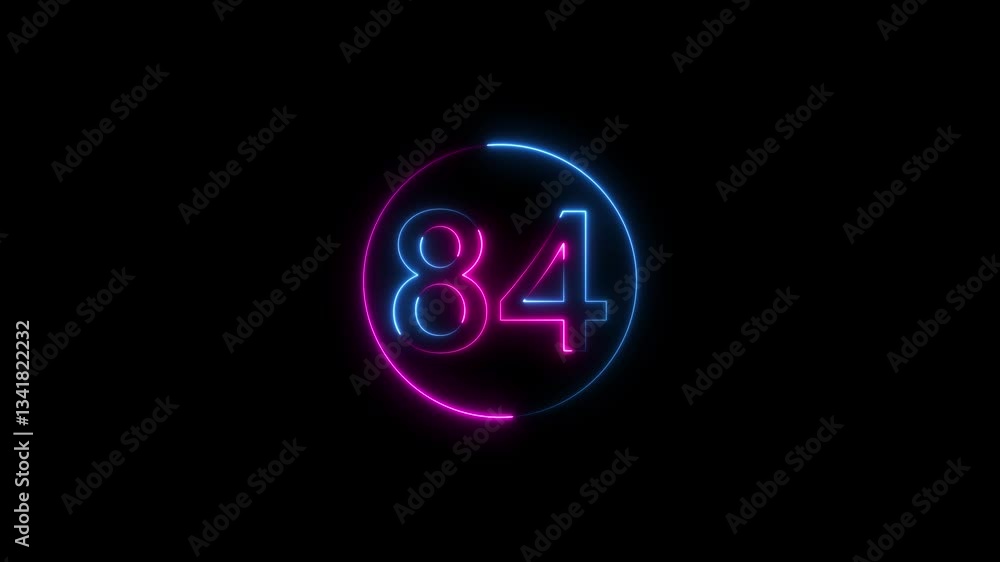 Poster abstract glowing neon text 84 number countdown icon. glowing sign on black background neon number 84