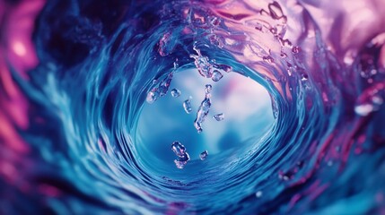 Abstract close-up of swirling water tunnel with dynamic pink and blue tones and droplets