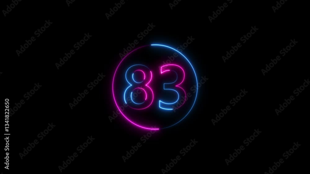 Poster abstract glowing neon text 83 number countdown icon. glowing sign on black background neon number 83