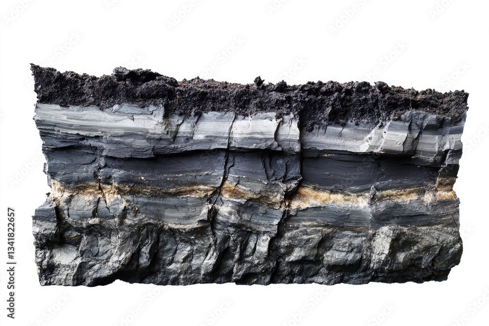 Poster cross-section of layered sedimentary rock, showing distinct strata and topsoil.