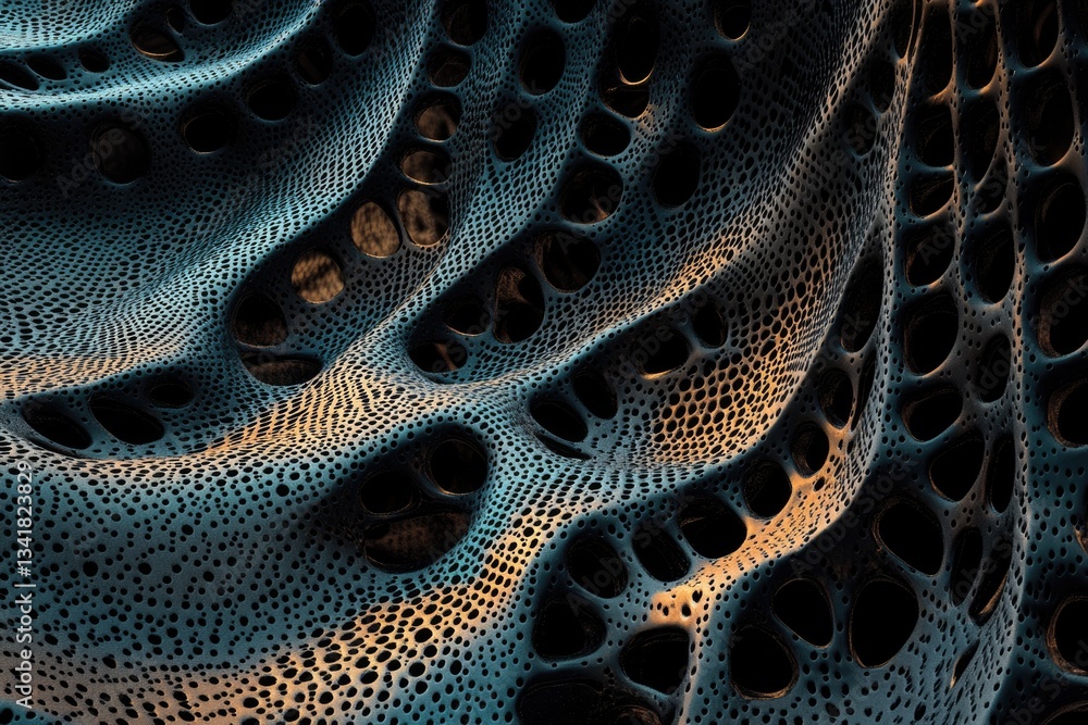 Poster abstract dark teal and gold textured surface with intricate porous design and undulating waves.