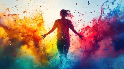 person surrounded by colorful splashes of paint, symbolizing a creative and free-flowing state of mind 