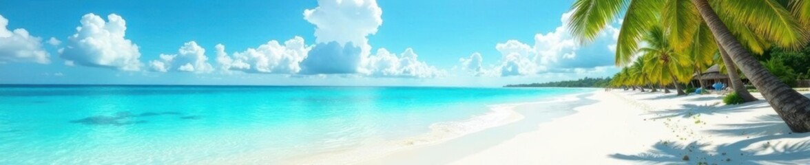 Fototapeta premium Azure water laps white sand, palm trees sway in gentle breeze, sea view, horizon, turquoise