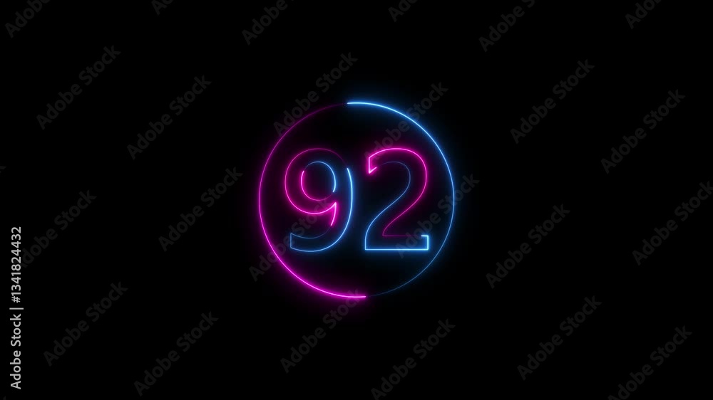 Poster neon glowing text 92 number countdown icon on black background 4k animation. neon number 92 with alp