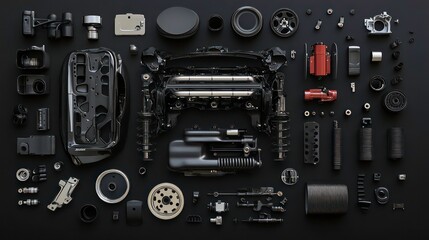 Fototapeta premium Black Background Car Parts Arrangement Top View for Automotive Enthusiasts