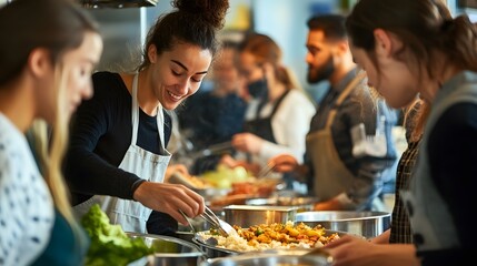 A community center serving a meal to a diverse group of people, volunteers handing out food and helping those in need