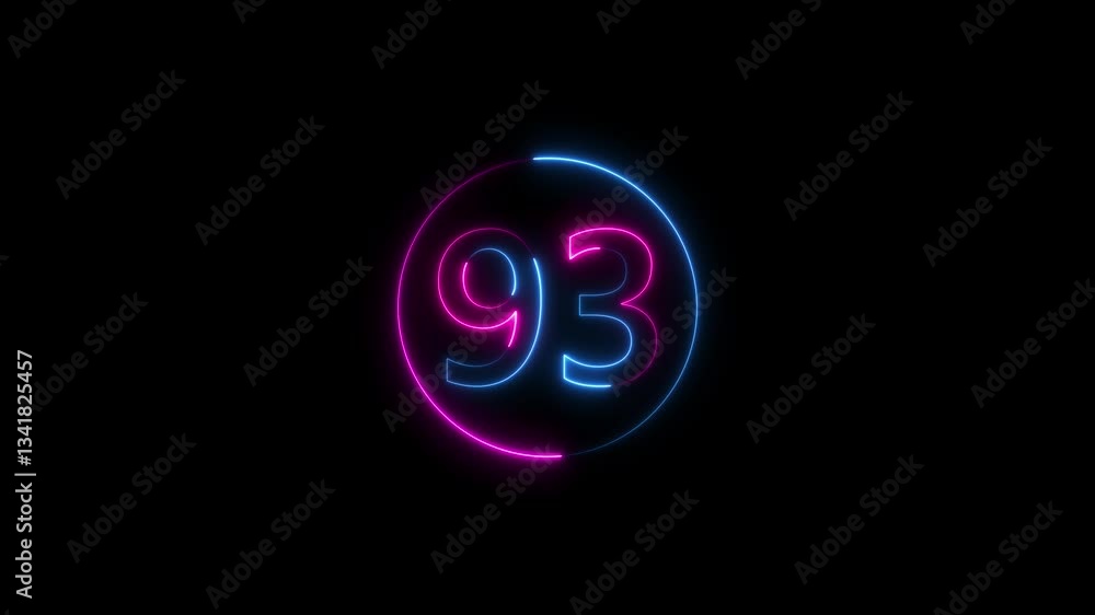 Poster neon glowing text 93 number countdown icon on black background 4k animation. neon number 93 with alp