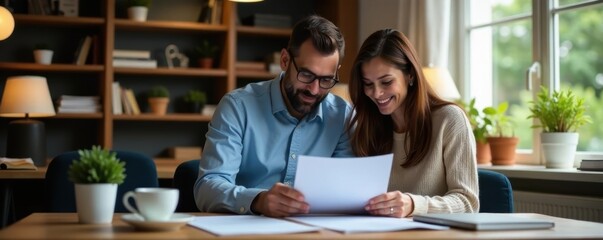 Couple reviewing documents in cozy office, coffee nearby, marketing, planning meeting, business development