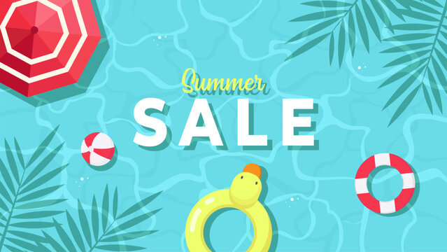 Summer Sale Advertisement With Swimming Pool and Beach Accessories