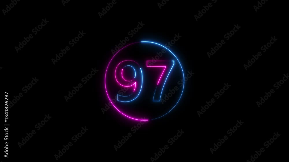 Poster abstract glowing neon text 97 number countdown icon. glowing sign on black background neon number 97