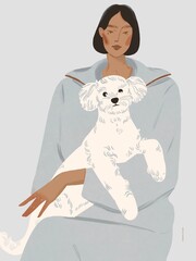 illustration of an elegant woman with a pet dog, a white curly bichon frise. poster, postcard, picture for the interior
