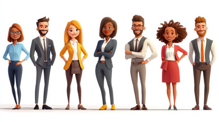 Diverse cartoon business people standing in a row.