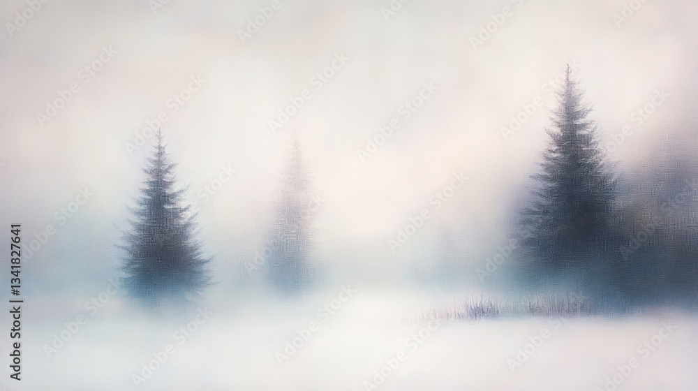 Aufkleber dreamlike foggy winter landscape with three distant evergreen trees in a snowy field.