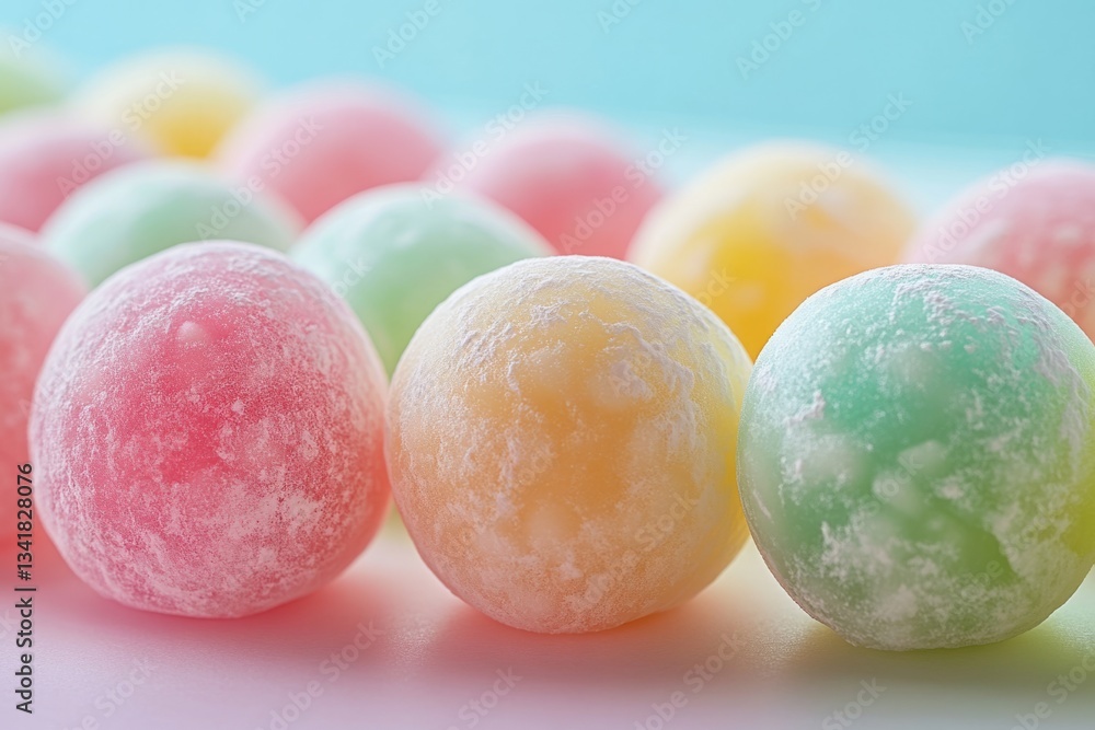 Poster row of colorful mochi balls coated in powdered sugar, creating a visually appealing arrangement