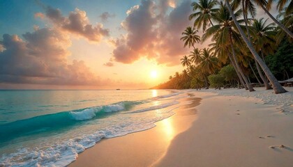 Tropical Beach at Sunset with Palm Trees