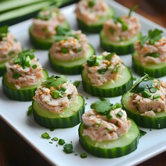 Tuna and Cucumber Bites. Delicious cucumber slices topped with savory seafood spread, garnished with fresh herbs, perfect for healthy appetizers.