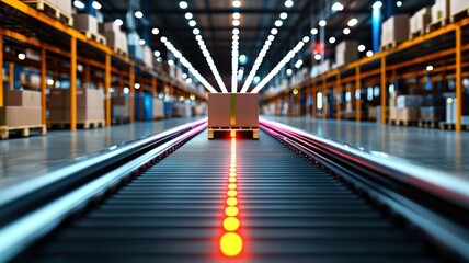 High-speed automated warehouse conveyor system moving packages to shipping zones, bright lighting