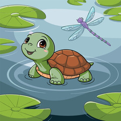 Obraz premium Happy Turtle Swimming in a Pond with a Dragonfly