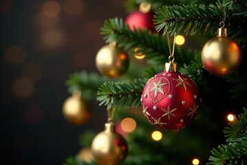 Obraz premium Ornate Christmas tree, shimmering baubles, bokeh lights , celebration, christmas tree, season