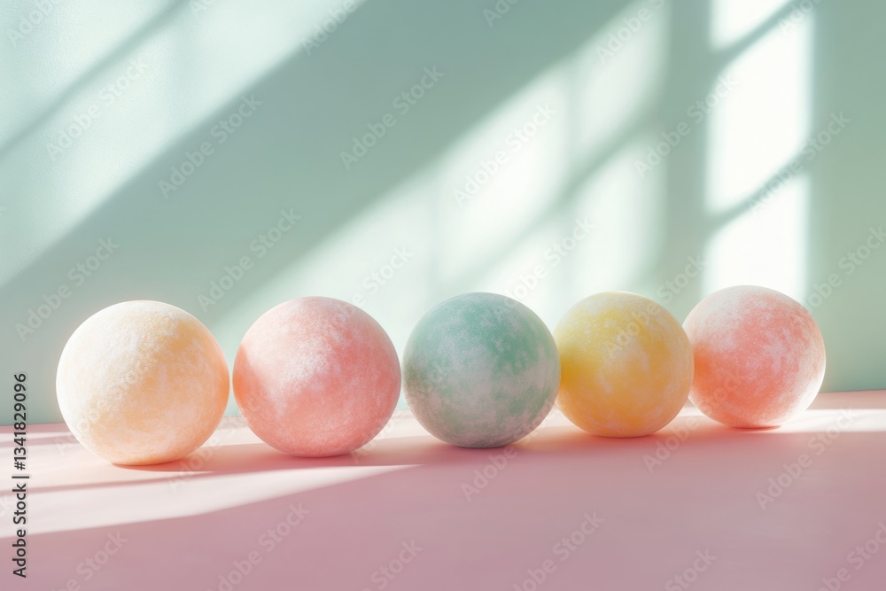 Poster five colorful mochi balls sit on a pink surface, illuminated by soft window light creating a serene 