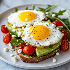 Fried eggs with bacon and vegetables