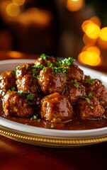 A plate of tender Swedish meatballs in a rich gravy, garnished with parsley, placed on a wooden table with warm lighting enhancing the dishes comfort food appeal