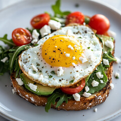 Fried eggs with bacon and vegetables
