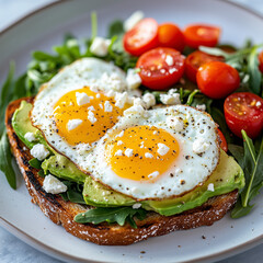 Fried eggs with bacon and vegetables