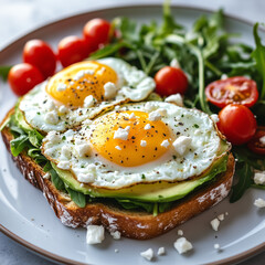 Fried eggs with bacon and vegetables