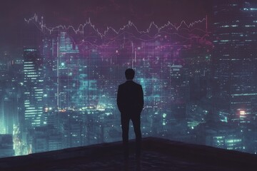 A lone figure contemplates a futuristic cityscape overlaid with dynamic financial data, symbolizing the intersection of urban development and market trends.