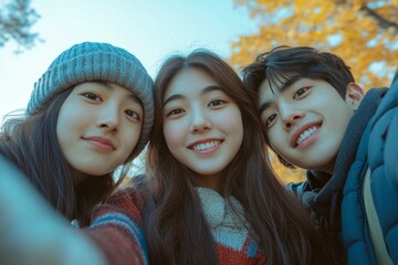 Fototapeta premium Three cheerful students are taking a selfie outside, enjoying the pleasant autumn weather together