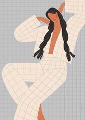 portrait of a girl in pajamas in the morning in soft blue tones. minimalist poster