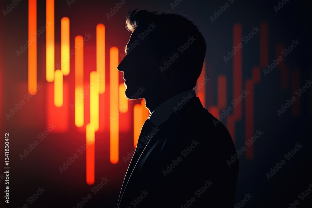 Poster silhouette of a man in suit against a backdrop of dynamic orange vertical lines, possibly representi